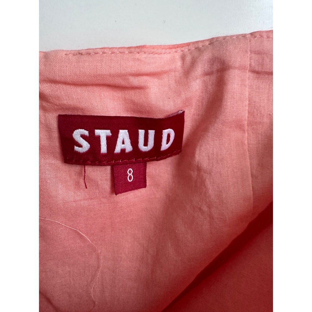 Staud Elio Off Shoulder Mini Dress Coral Pink Cotton Poplin Tiered Size 8 luxury - Picture 3 of 12